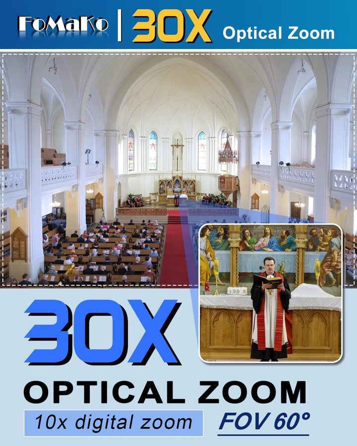 FoMaKo PTZ Kamera KI-Auto-Tracking 30x Optischer Zoom 1080p 60fps, mit HDMI/USB3.0/LAN(PoE) für Live