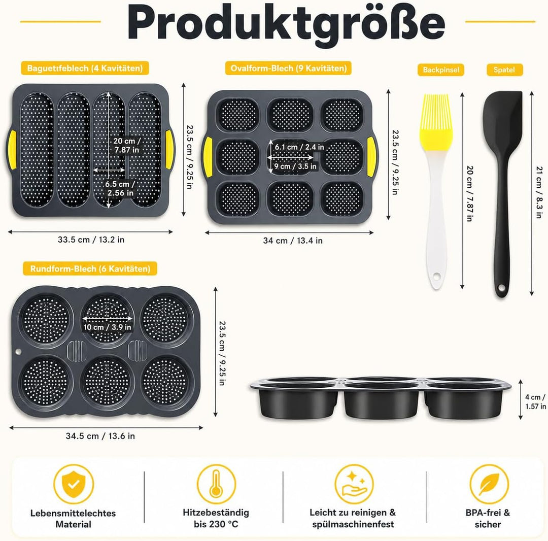 5er Silikon Backformen, 4 6 9 Mulden Burgerform Hot Dog Brötchenform Baguetteform Muffinform mit Tei