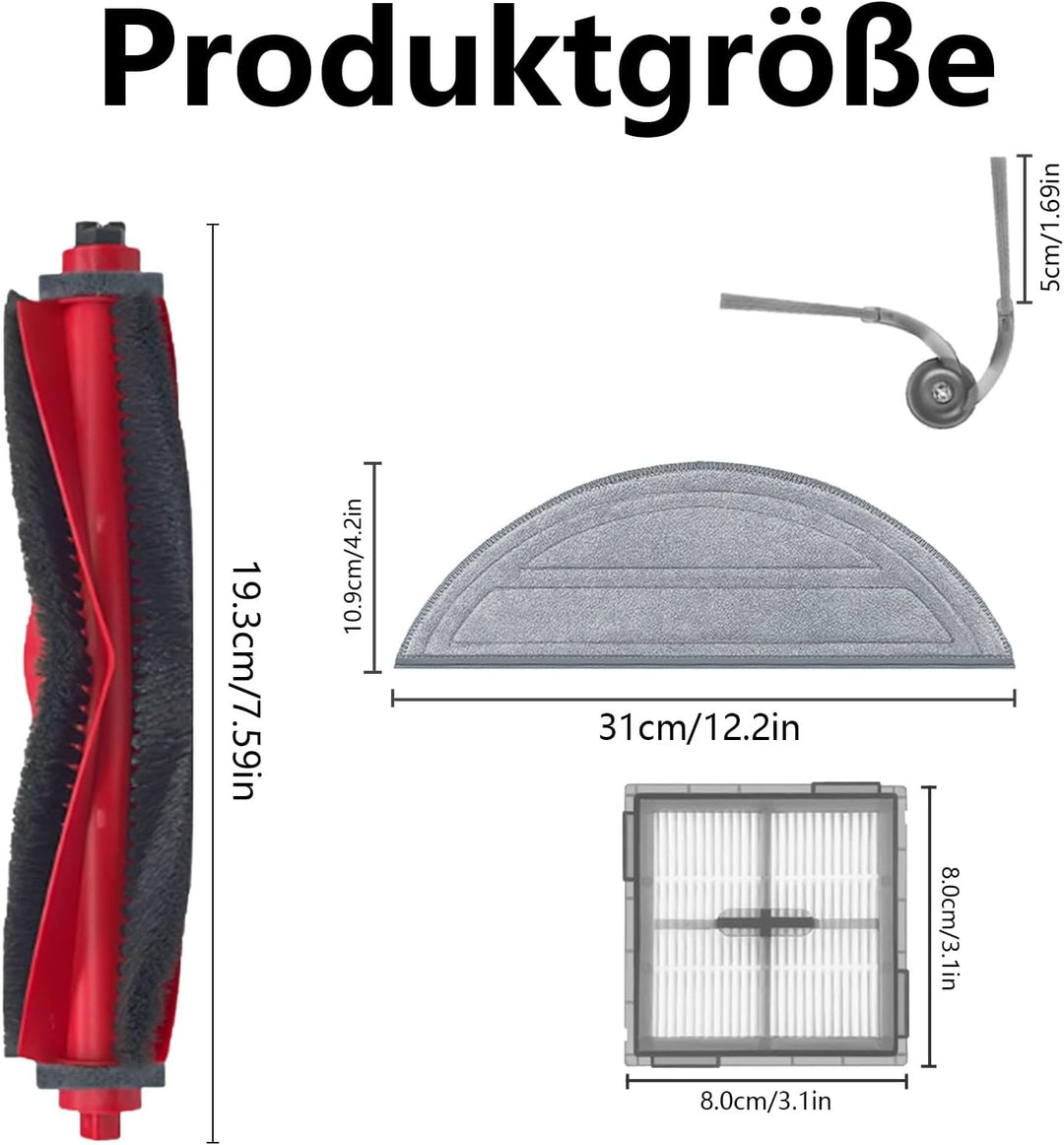 Zubehör für Roborock Q10 S5+/ Q10 S5 Staubsauger, 2 Hauptbürste, 6 Wischtücher, 6 Filter, 6 Seitenbü
