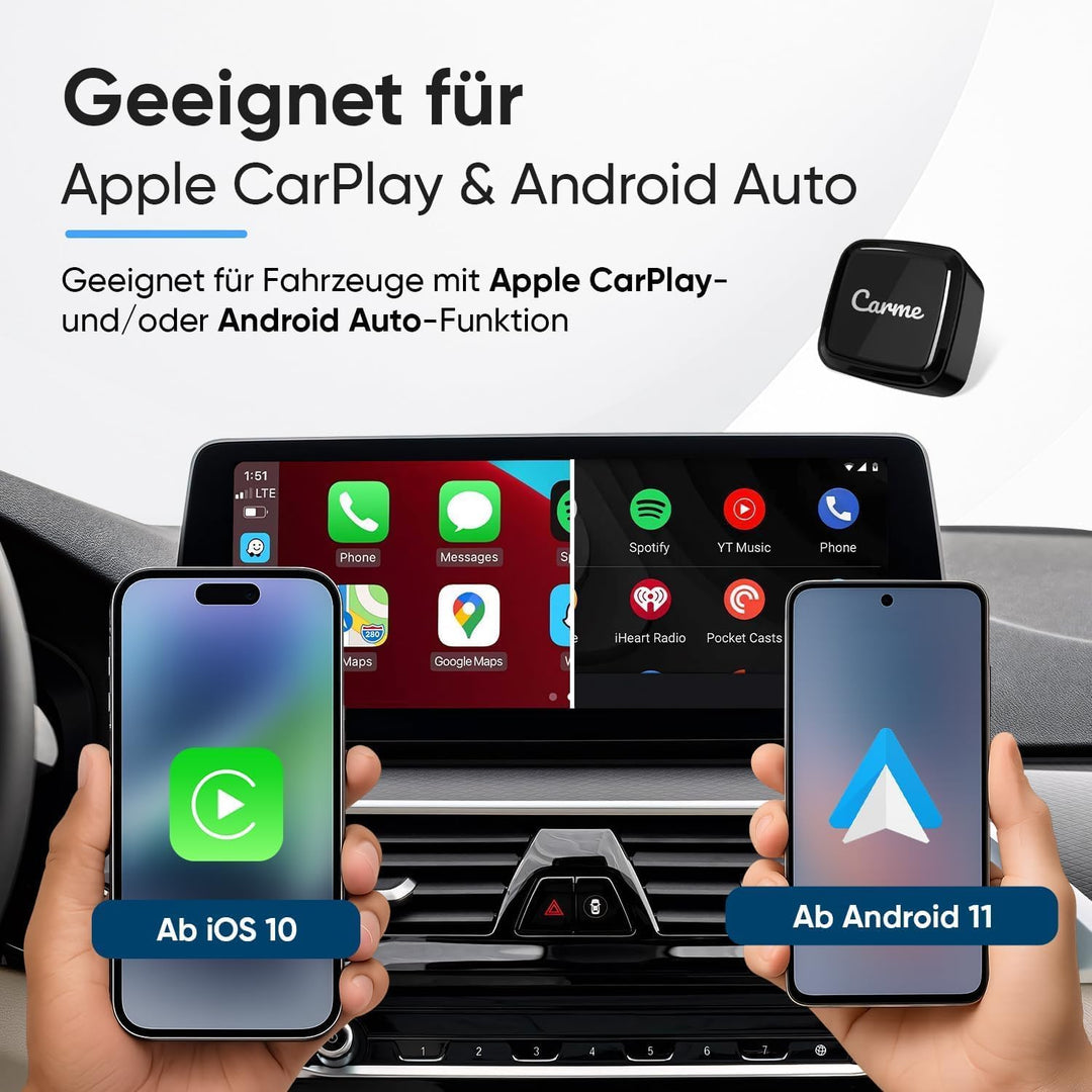 CarMe Ultra Mini 2-in-1 CarPlay Wireless Adapter & Android Auto Wireless Adapter, wandelt kabelgebun