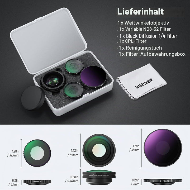 NEEWER 4 in 1 ND Filter und Objektiv Zubehör Set kompatibel mit DJI Osmo Action 5 Pro/4, Variabler N