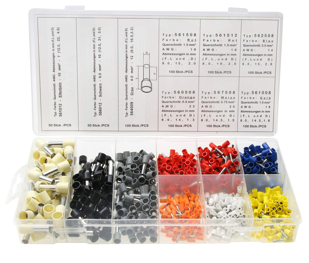800 x Aderendhülsen-Sortiment - isoliert - Querschnitt 0,5 0,75, 1,0 1,5 2,5 4,0 6,0 10,0 mm² Länge