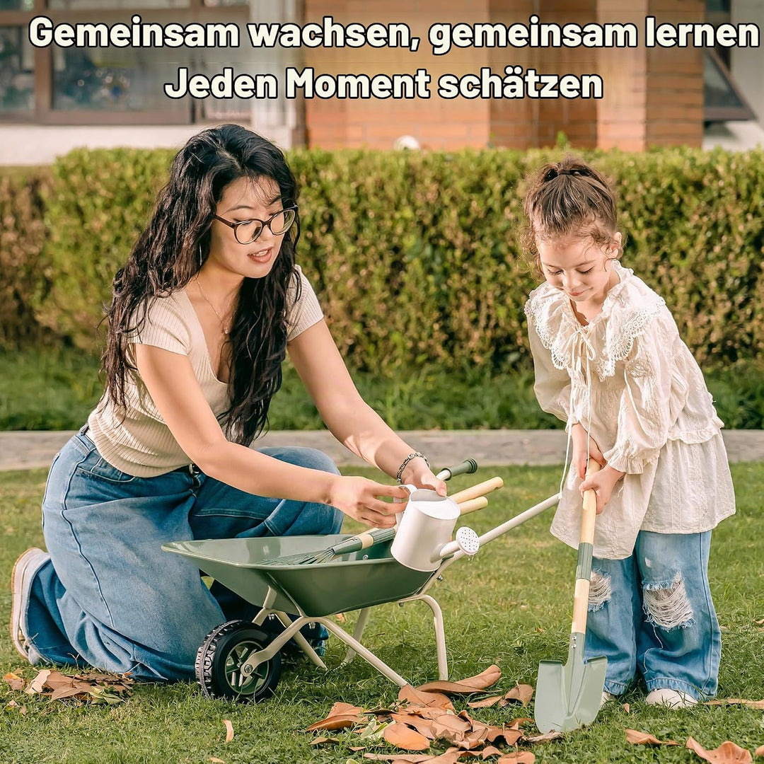 ROBUD Kinder Schubkarre Metall mit Kinder Gartenwerkzeug Set, Schubkarre mit Langer Schaufel, Hacke,