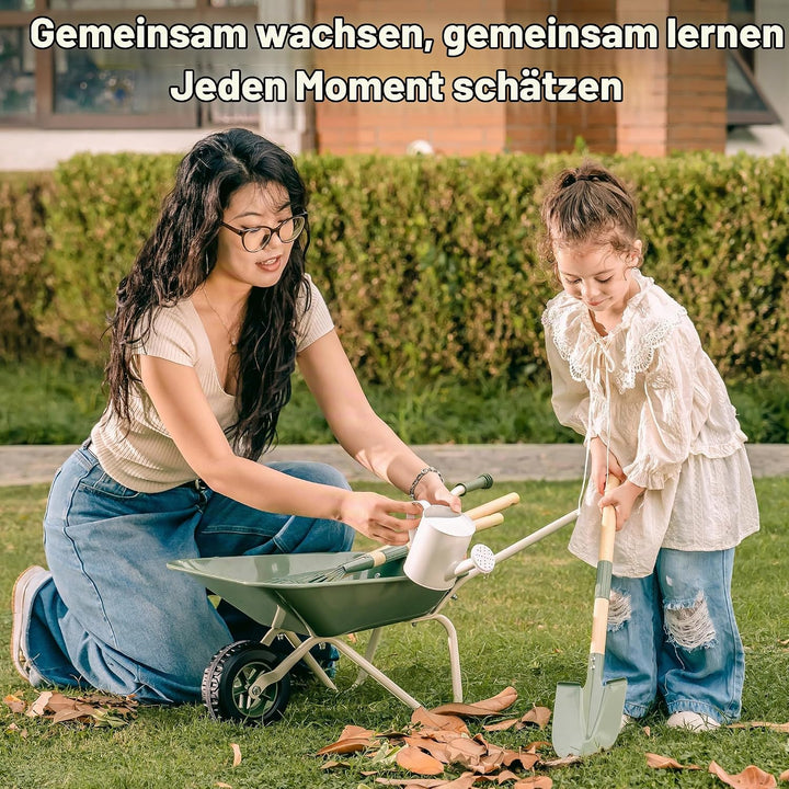 ROBUD Kinder Schubkarre Metall mit Kinder Gartenwerkzeug Set, Schubkarre mit Langer Schaufel, Hacke,