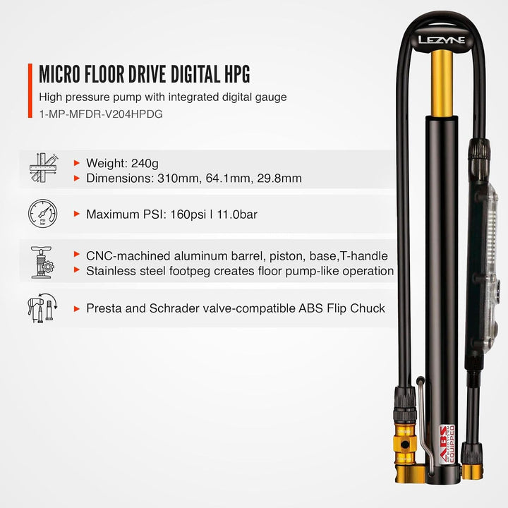 Lezyne Kompakt-Standpumpe Micro Floor Drive DIGITAL HPG Schwarz, Schwarz