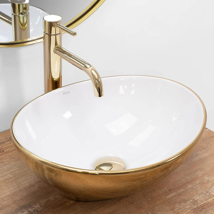 VBChome Badmöbel 60 cm Weiss Aufsatzwaschbecken Gold-Weiss 41x35 cm Aufsatzwaschtisch mit Waschbecke
