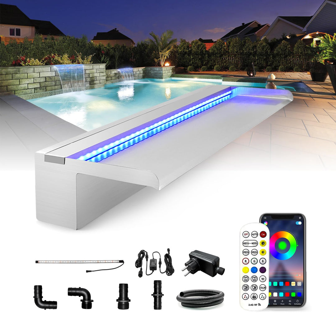 LONGRUN Edelstahl Wasserfall Überlauf, APP Kontrolle Multi-Farben LED-Licht Draussen Pool Brunnen, K