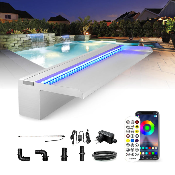 LONGRUN Edelstahl Wasserfall Überlauf, APP Kontrolle Multi-Farben LED-Licht Draussen Pool Brunnen, K