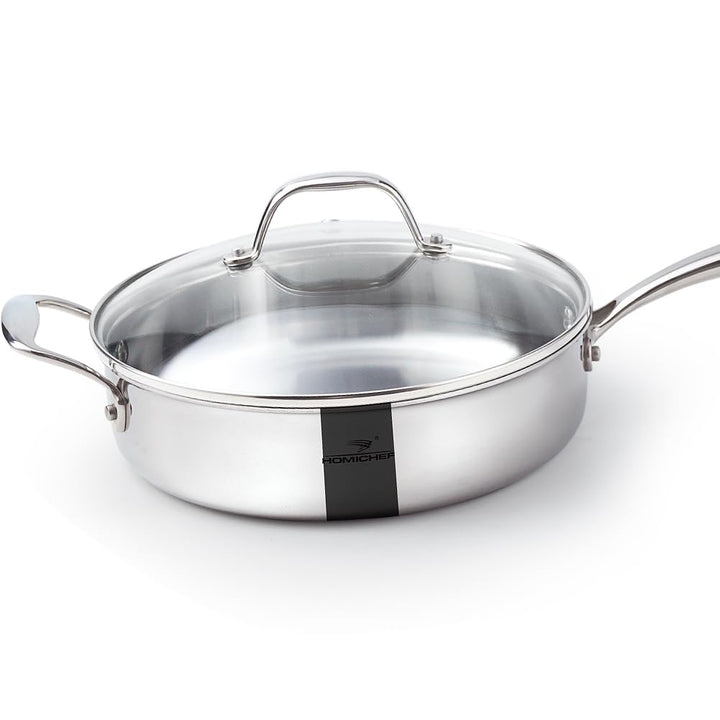 HOMICHEF Spiegelpolierte, nickelfreie Edelstahl-Sautépfanne mit Glasdeckel (keine giftige Antihaftbe