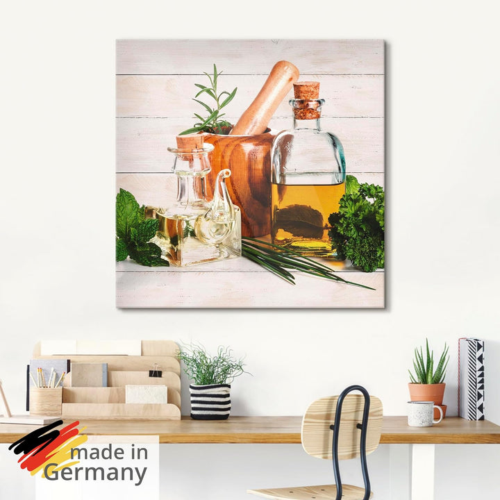ARTland Glasbilder Wandbild Glas Bild einteilig 50x50 cm Quadratisch Stillleben Olivenöl Kräuter Gew