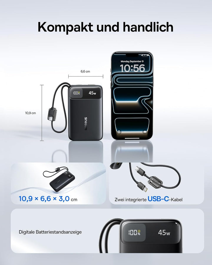 Baseus FC11 Powerbank 45W 20000mAh mit 2 Integriertem USB-C Kabel, Power Bank Klein CCC Zertifizieru
