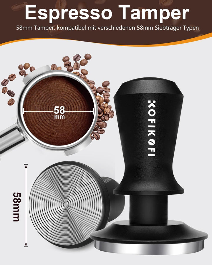 KOFIKOFI 58mm Kaffee Tamper mit Doppelfeder 30lbs Anpressdruck Kaffeemehlpresser Base Ripple Kaffee