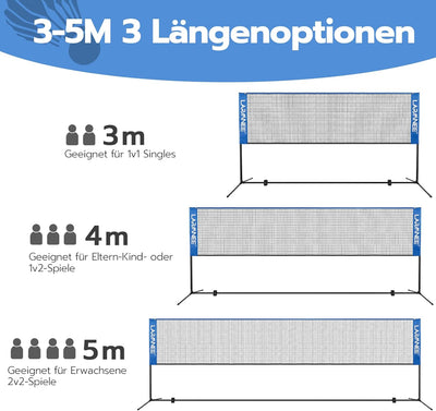 LARMNEE Badmintonnetz, Tennisnetz, 300cm|400cm|500cm Federballnetz höhenverstellbar, Set bestehend a