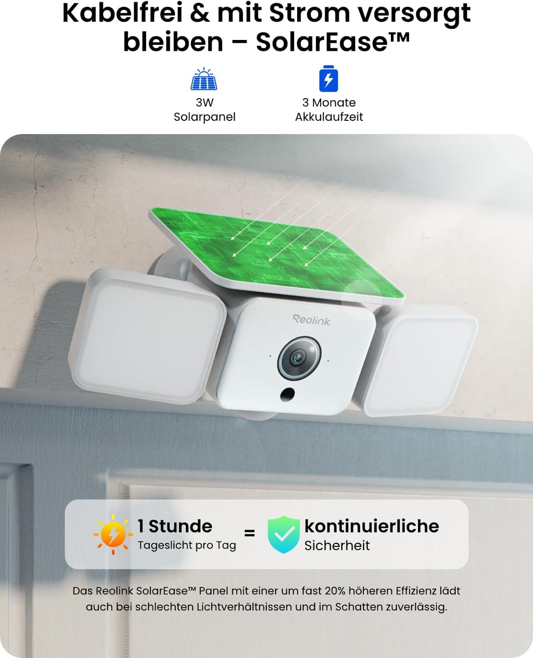Reolink 2K Überwachungskamera Aussen Solar Akku, 150°Ansicht, bis zu 1000 lm Licht & Sirenenalarm, K