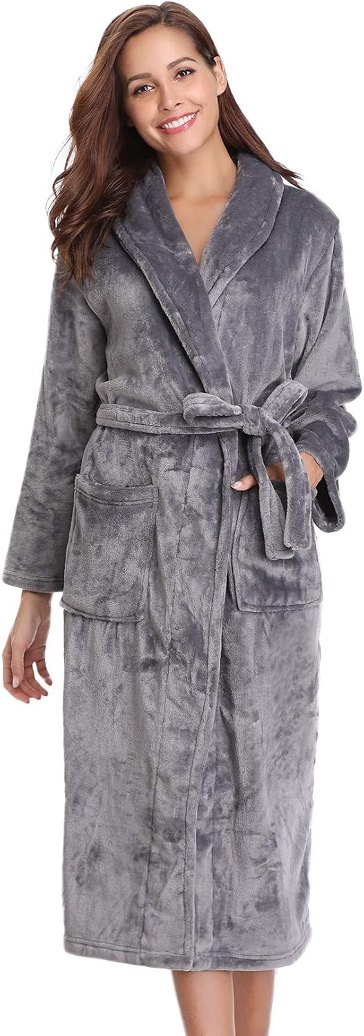 Vlazom Winter Bademantel weicher Flanell Bademantel Damen Saunamantel mit Kapuze Flauschiger Morgenm