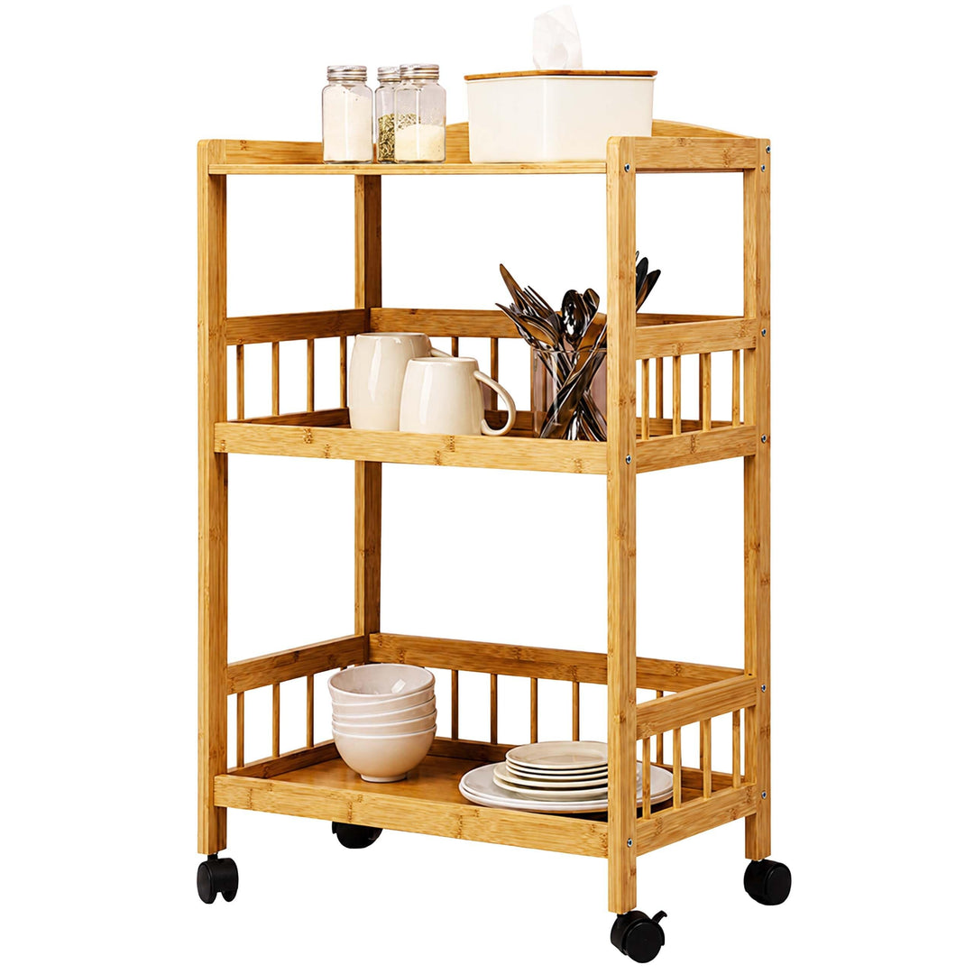 Relaxdays Servierwagen, Bambus, HxBxT: 80 x 53 x 30 cm, 3 Etagen, Natur | Rollregal für Küche &amp; Wohn