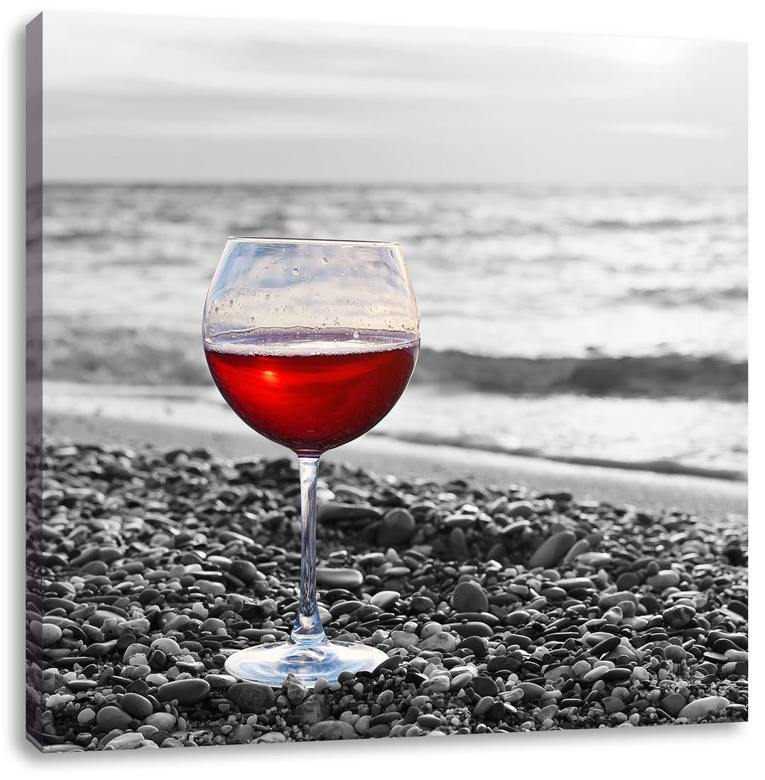 Pixxprint Weinglas am Strand als Leinwandbild/Grösse: 70x70 cm/Wandbild/Kunstdruck/fertig bespannt,