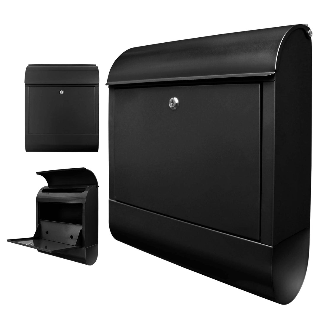 banjado Design Briefkasten schwarz Stahl mit Zeitungsfach - 39x47x13cm gross mit 2 Schlüssel - Brief