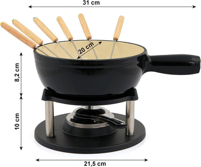 BBQ-Toro Gusseisen Fondue Set für 6 Personen | 2 Liter | Fondueset 9 teilig mit Brenner und Gabeln |