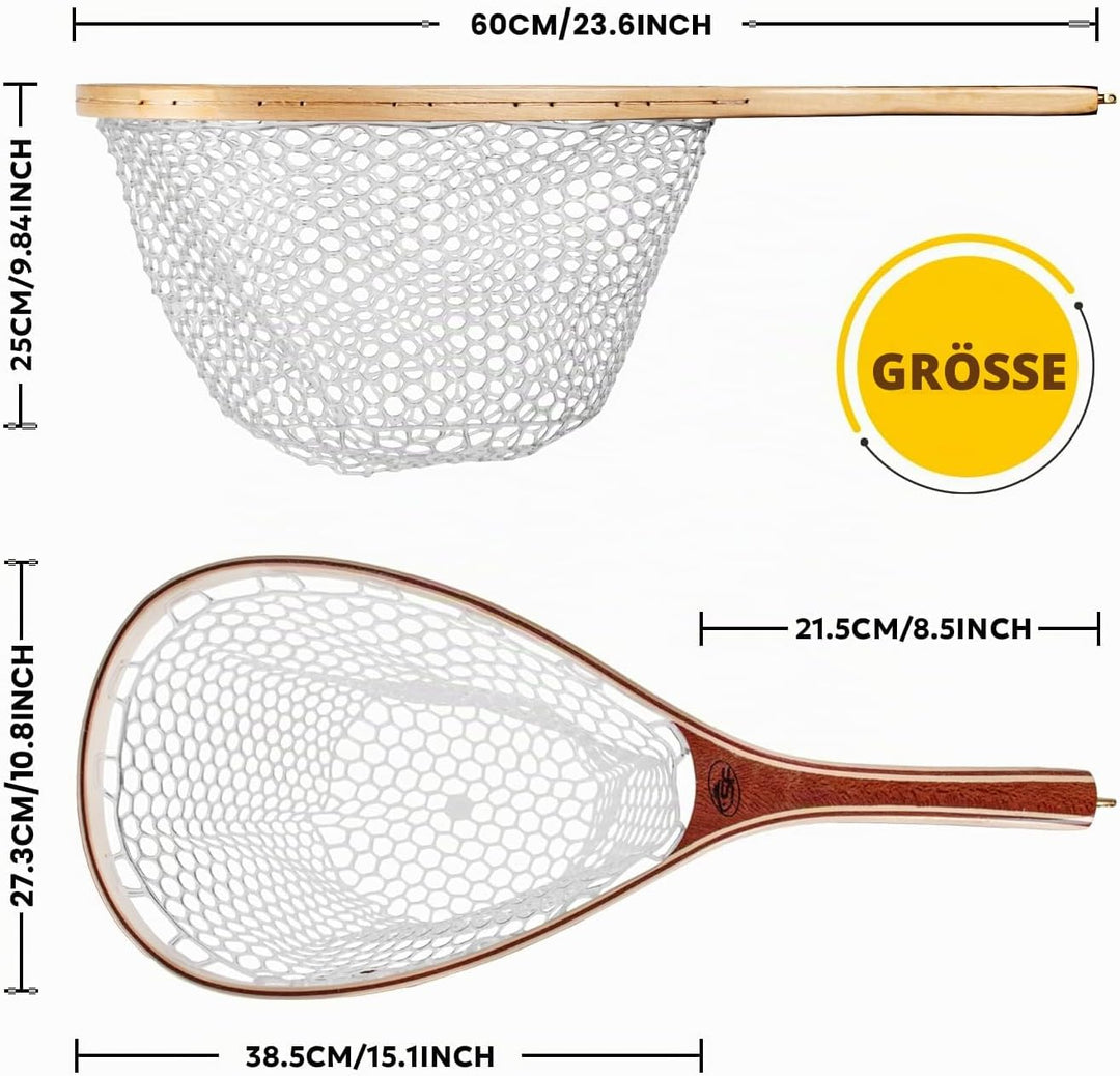 SF Fliegenfischen Kescher Holzrahmen Weiches Gumminetz Forellennetz Fangen und Freigabe Fischernetz