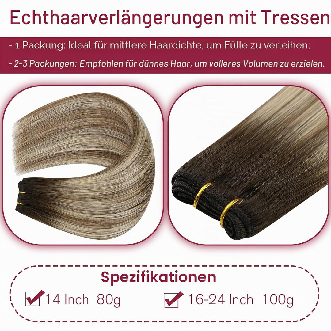 Vivien Tressen Echthaar 100 Gramm 50cm Braun Balayage Extensions Echthaar Tressen zum Einnähen Braun