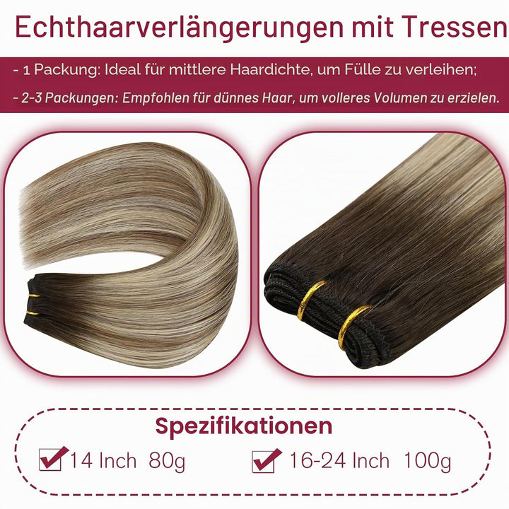 Vivien Tressen Echthaar 100 Gramm 50cm Braun Balayage Extensions Echthaar Tressen zum Einnähen Braun