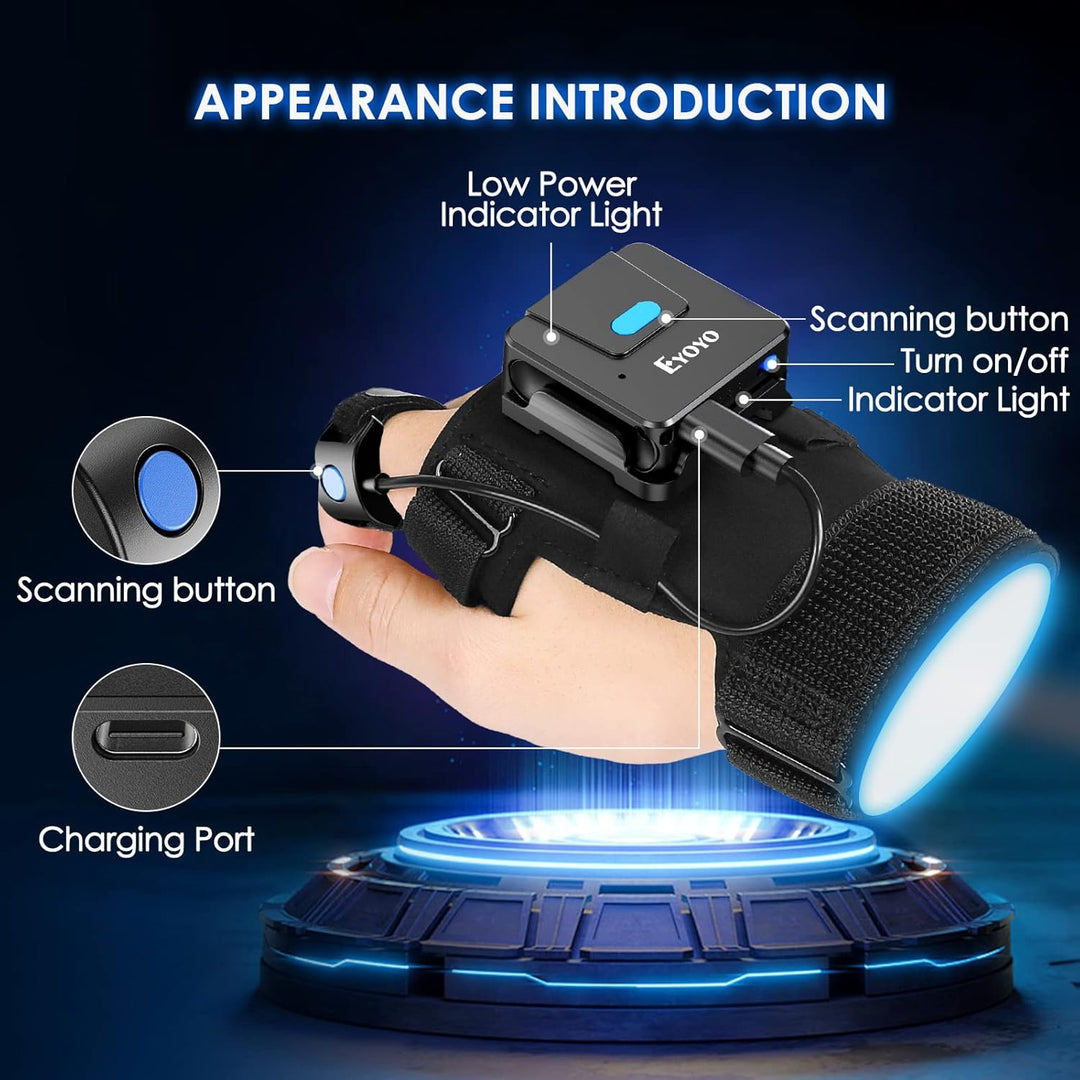 Eyoyo Wearable Glove QR Code Scanner, 1D 2D Finger Ring Bluetooth Barcode Scanner, Left&Right Hand W