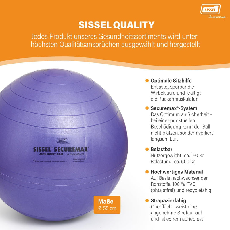 Sissel SECUREMAX Gymnastikball | Belastung bis 500 kg | 100% PVC & recyclebar | Für Fitness & Therap