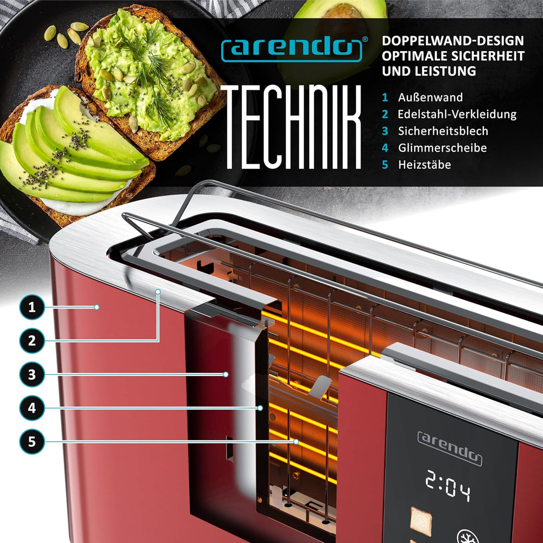 Arendo - Edelstahl Toaster 2 Scheiben Langschlitz - Touchscreen – Doppelwandgehäuse – Integrierter B
