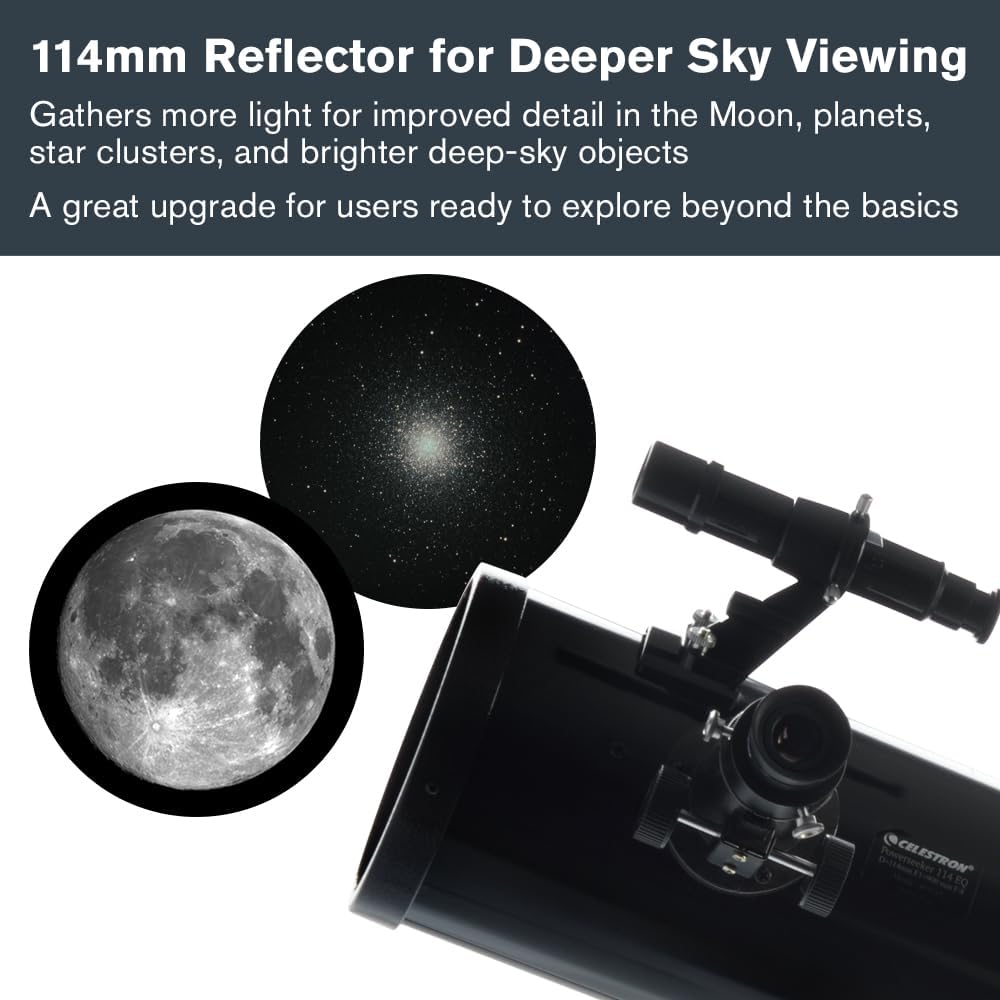 Celestron 21045 PowerSeeker 114EQ Spiegelteleskop - mit Zwei Okularen, Einer Barlow-Linse, höheneins