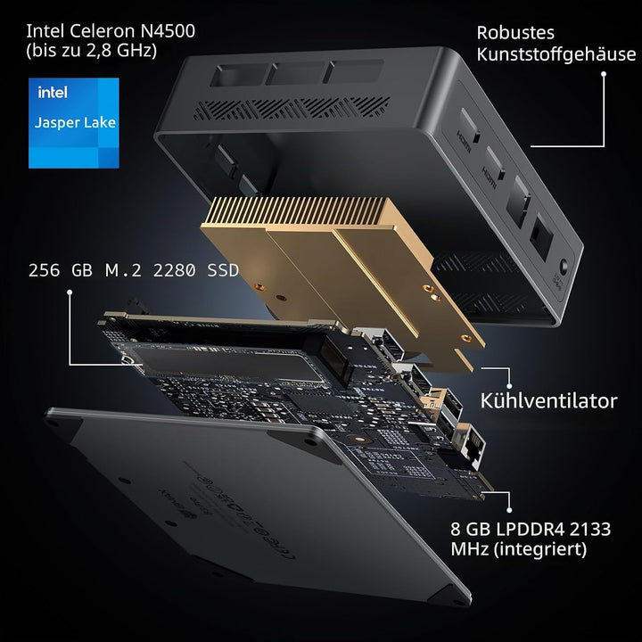 BMAX Mini-PC W11 Pro, Prozessor der 11. Generation N5095 (max. 2,9 GHz), 8 GB LPDDR4 + 256 GB M.2 SS