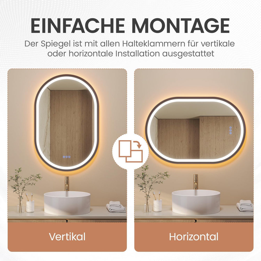AQUABATOS Badspiegel mit Beleuchtung Oval schwarz quer senkrecht 60 x 90 cm Aluminiumrahmen Schrägde