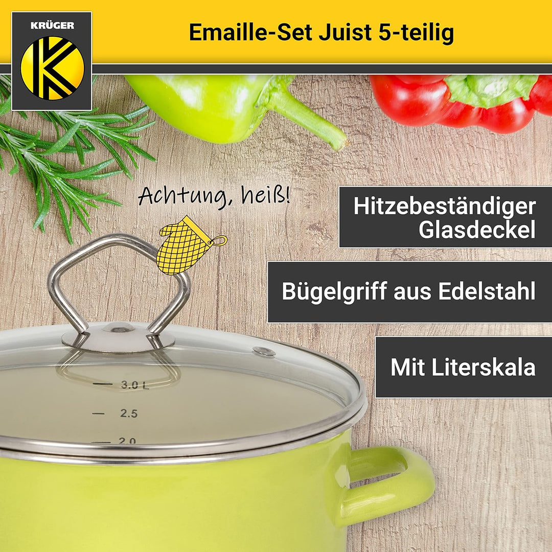 KRÜGER Emaille-Set Juist 5 teilig - Emaille-Topfset aus Fleischtopf, Stieltopf und Milchtopf - Töpfe