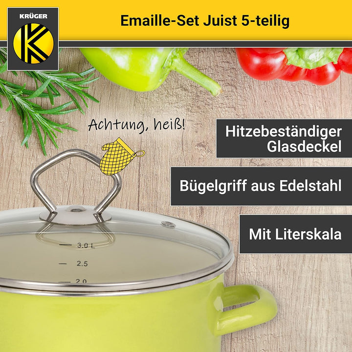 KRÜGER Emaille-Set Juist 5 teilig - Emaille-Topfset aus Fleischtopf, Stieltopf und Milchtopf - Töpfe