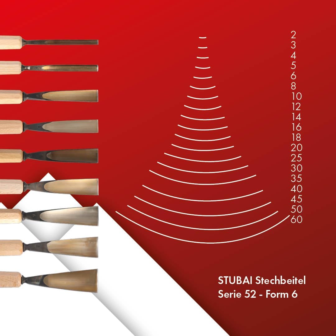 STUBAI Stemmeisen Stechbeitel Serie 52 - Form 6 | Gerades Hohleisen - 40 mm, mit Holzgriff, für Figu