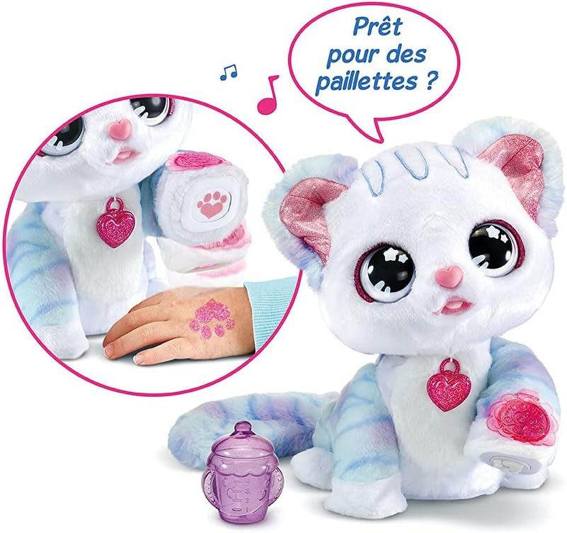 VTech - Ruby, Mon Chat Magische Pailletten, interaktives Plüschtier – Würfel 3 Jahre – Version FR