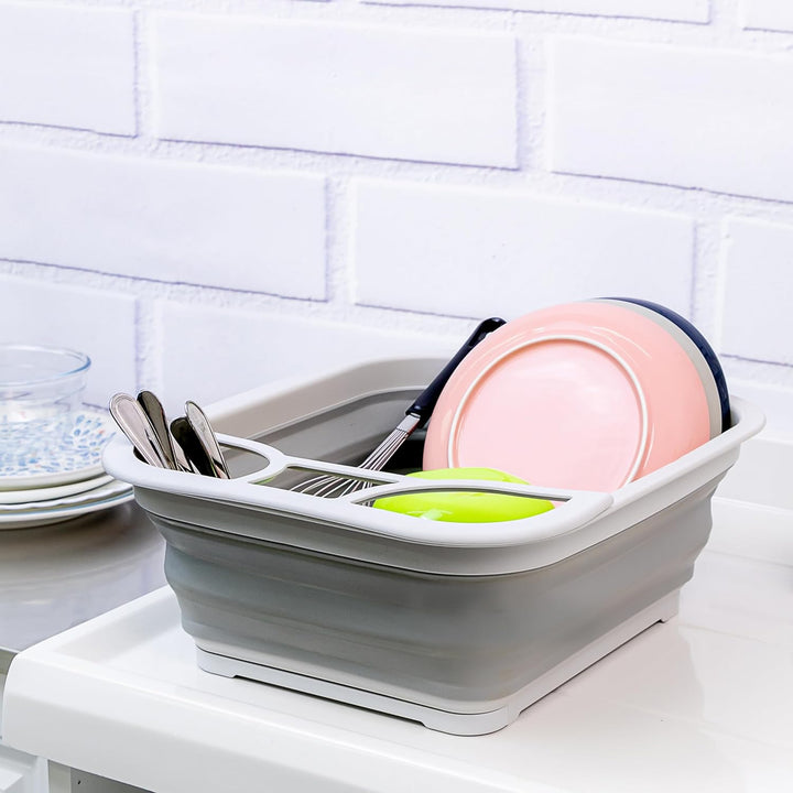 SAMMART Collapsible Plastic Dish Drainer with Drainer Board - Foldable Drying Rack Set - Space Savin