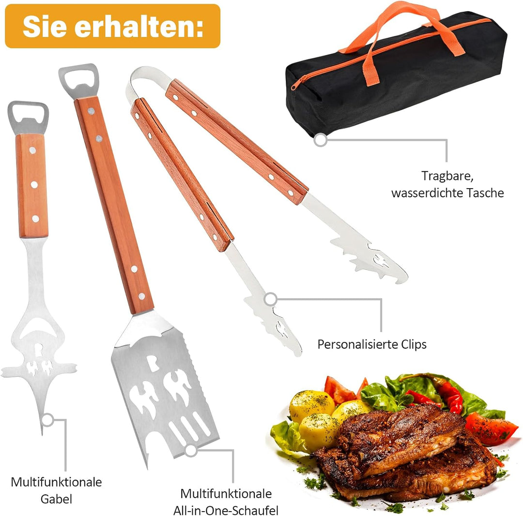 4 Stück Grillbesteck, Grill Zubehör Set mit Grillzange, Grillwender, Fleischgabel, Holzgriffen und A