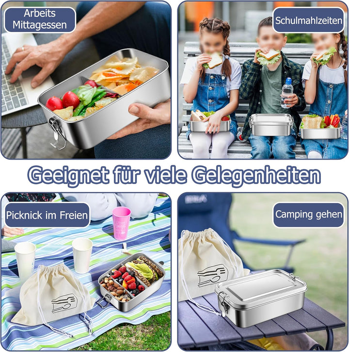 HaWare Brotdose mit Fächern, Edelstahl Bento Box mit Tasche, 1400ml Lunchbox für Kinder & Erwachsene