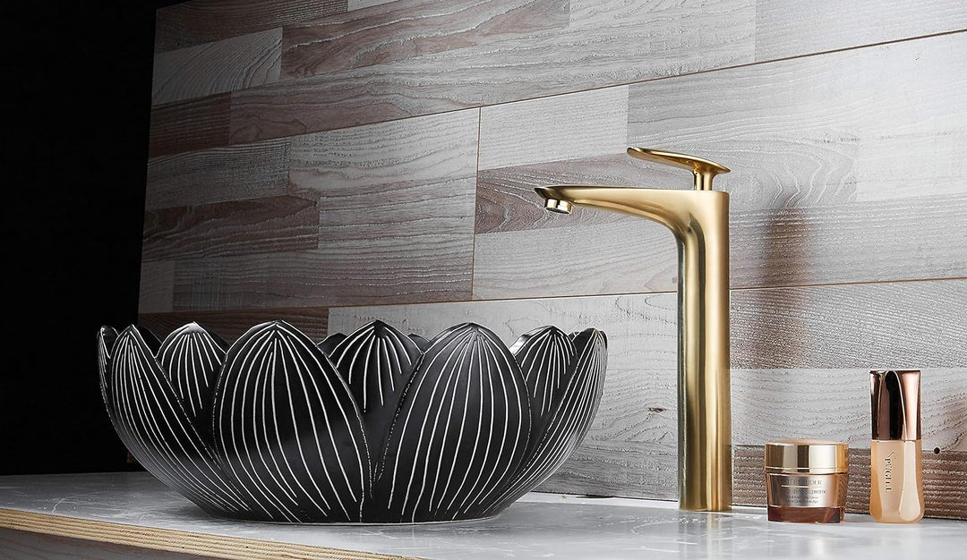 Wasserhahn Bad Gold gebürstet, Badarmatur Einhand-Waschtischbatterie mit Hoch Auslauf, Messing Gold