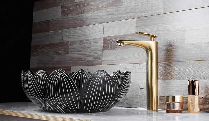 Wasserhahn Bad Gold gebürstet, Badarmatur Einhand-Waschtischbatterie mit Hoch Auslauf, Messing Gold