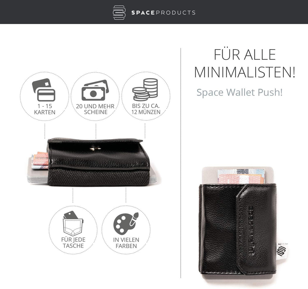 Space Products ® Mini Geldbörse schwarz I Sehr kleines Echtleder Wallet/Portemonnaie mit Münzfach I