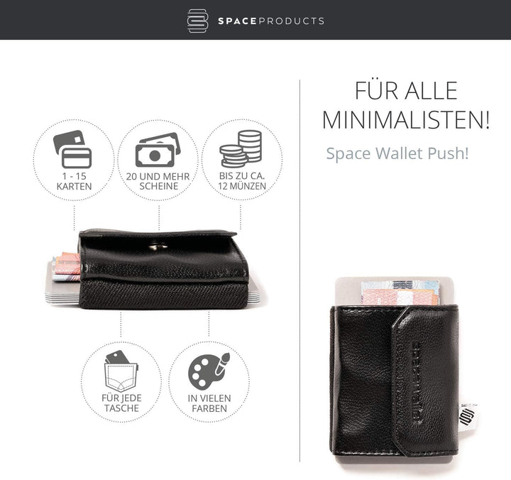 Space Products ® Mini Geldbörse schwarz I Sehr kleines Echtleder Wallet/Portemonnaie mit Münzfach I
