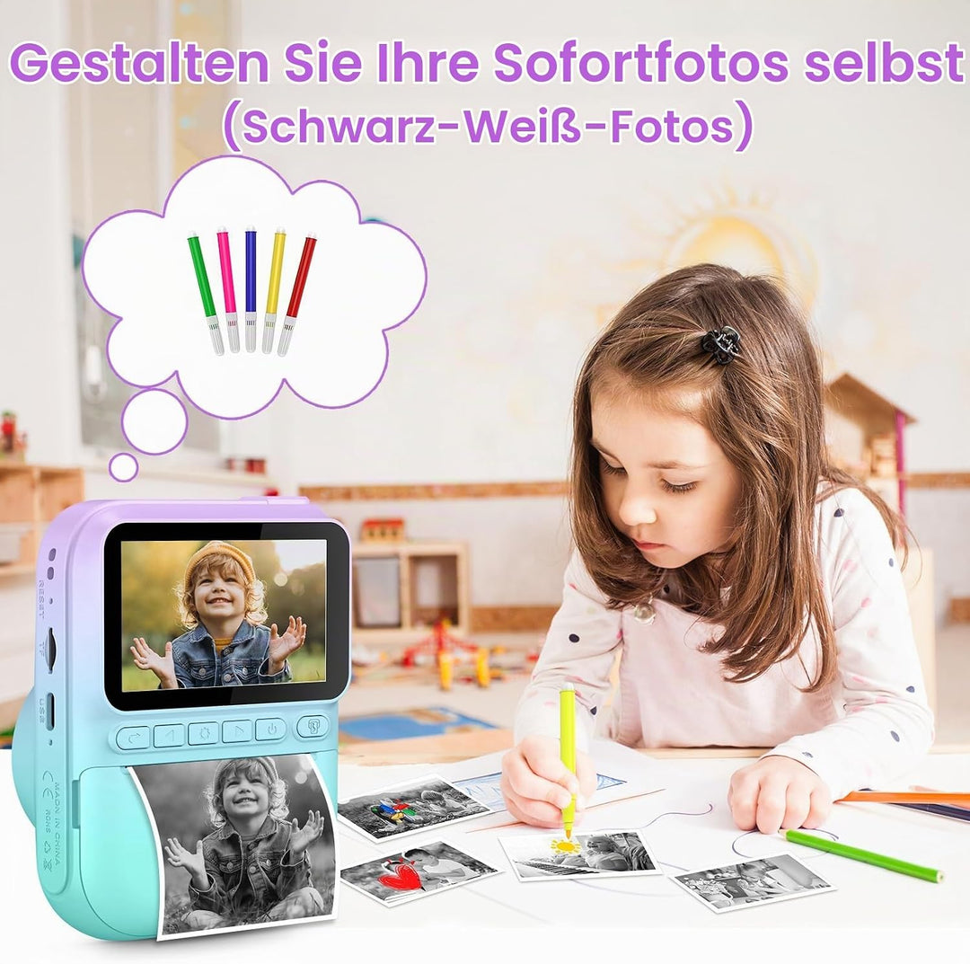 GREENKINDER Sofortbildkamera Kinder mit Sofortdruck für 3-12 Jahre | 3,0" Bildschirm, 1080P HD Video