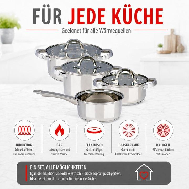 alpina Induktions Topfset 4‑teilig – Edelstahl Kochtöpfe mit Glasdeckel – Kochtopfset Geeignet für A