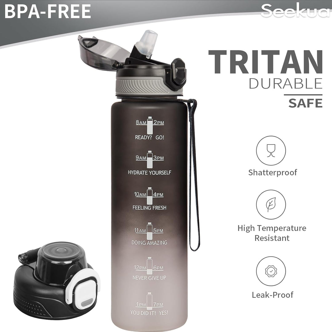Seekua Sport Tritan Trinkflasche 1l mit Strohhalm & Zeitmarkierung, Grosse Wasserflasche mit Uhrzeit