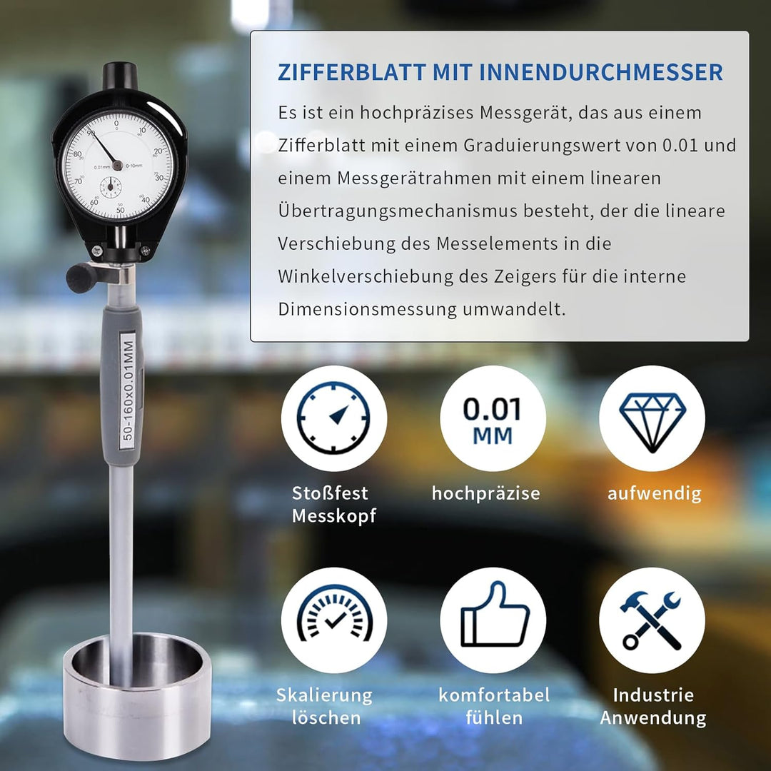 Innenmikrometer, Bohrungslehre Messuhr set 50-160mm Hohe Präzision 0,001mm Messuhr mit 12 Sonden, In