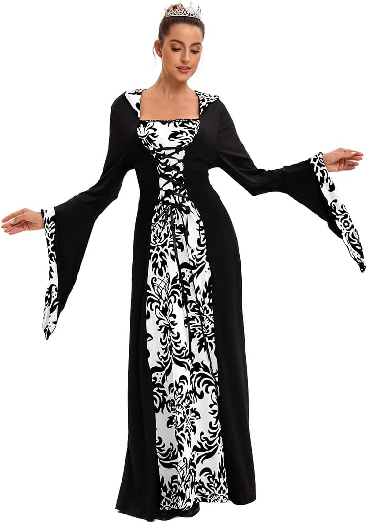 Damen Retro Mittelalter Kleid mit Trompetenärmel, Mittelalterliche Viktorianischen Königin Kleider R