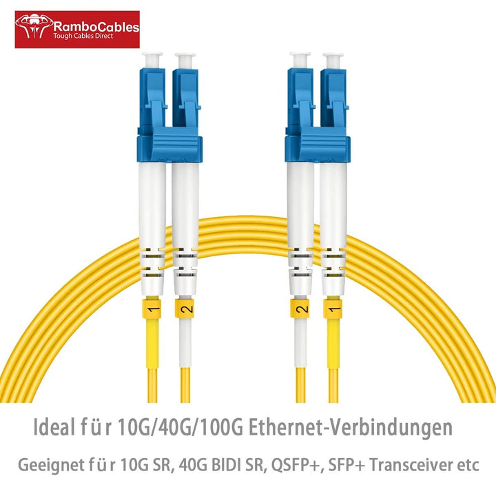 RamboCables LWL Patch-Kabel - OS2 LC auf LC Glasfaser-Kabel 100m - Singlemode Duplex LSZH 9/125µm 10