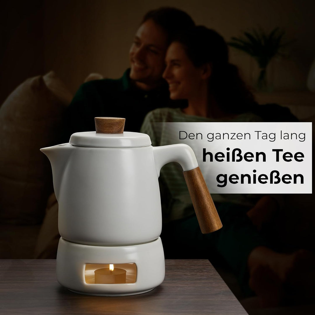 MIAMIO - Teeservice mit Teekanne Keramik (1 l) mit Stövchen (Weiss) | Teeset Teekanne &amp; Stövchen, Te